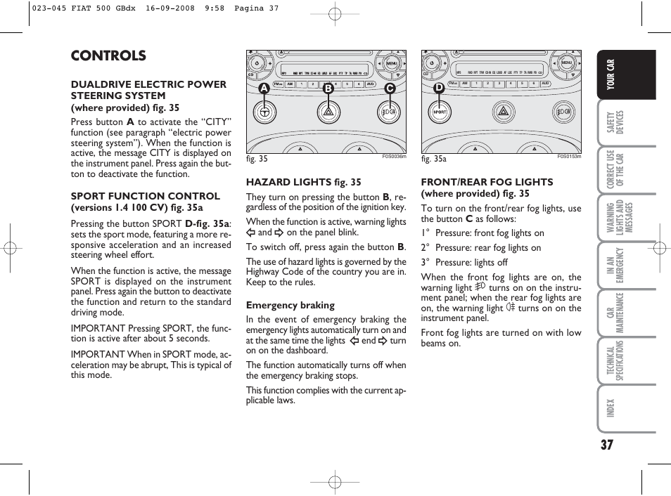 Controls | FIAT 500 User Manual | Page 38 / 178