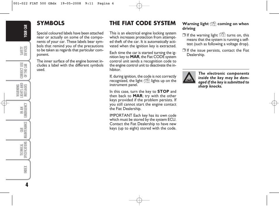 Symbols, The fiat code system | FIAT 500 User Manual | Page 5 / 178
