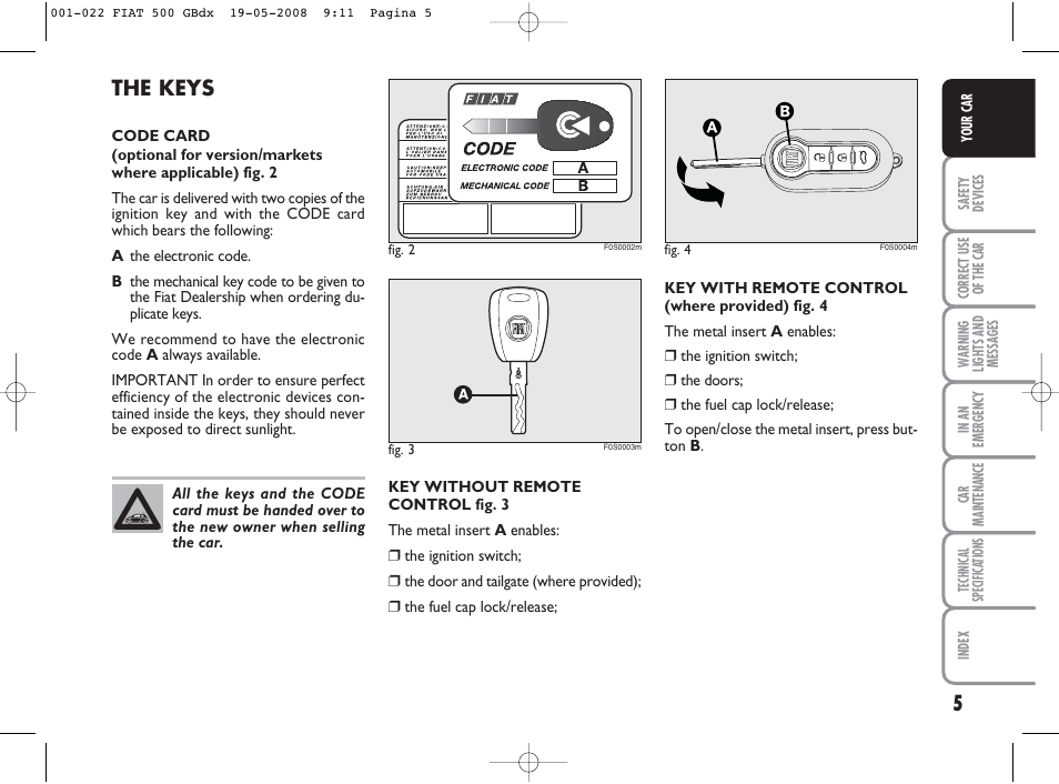 The keys | FIAT 500 User Manual | Page 6 / 178