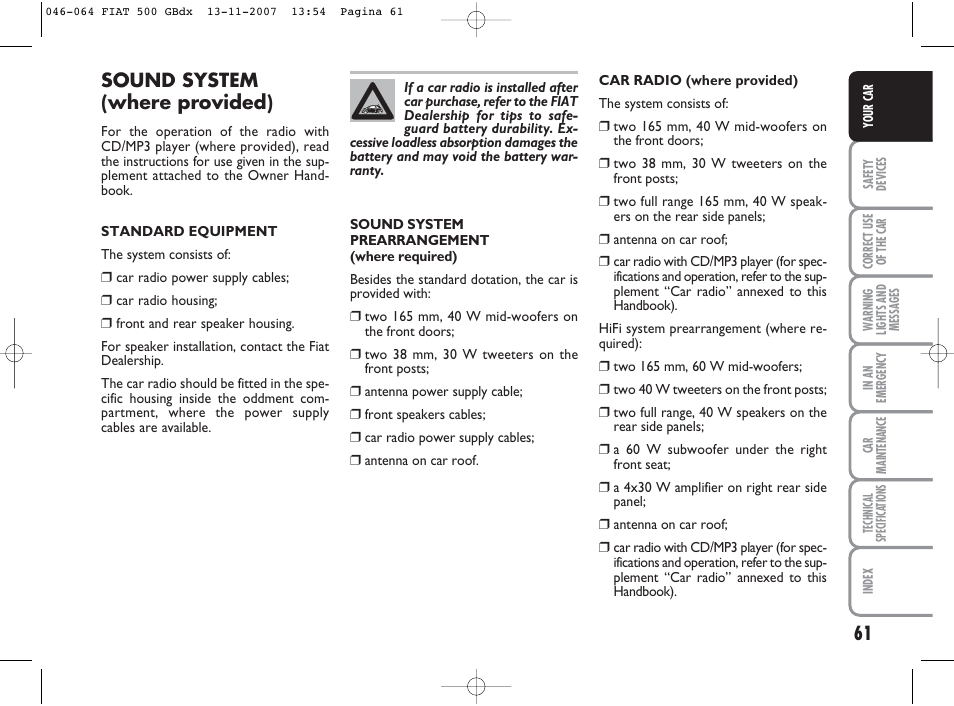 Sound system (where provided) | FIAT 500 User Manual | Page 62 / 178