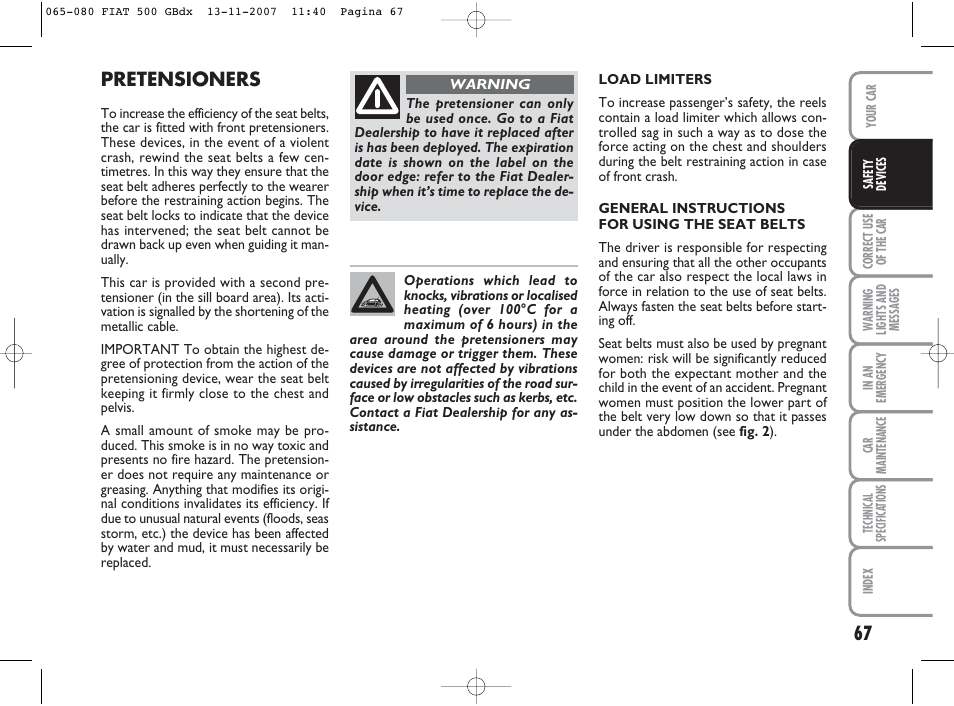 Pretensioners | FIAT 500 User Manual | Page 68 / 178