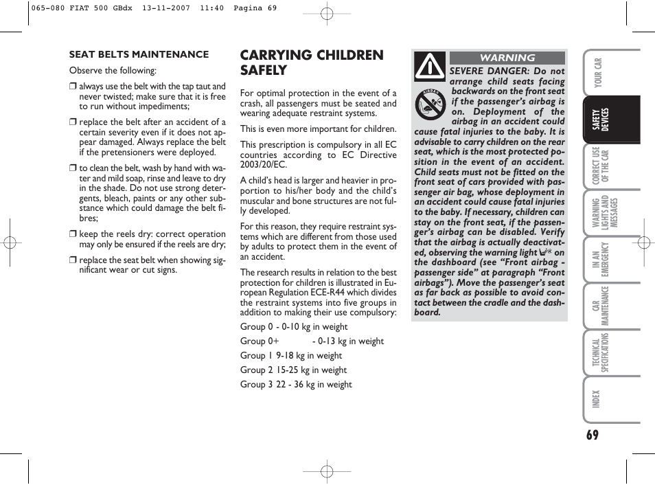 Carrying children safely | FIAT 500 User Manual | Page 70 / 178