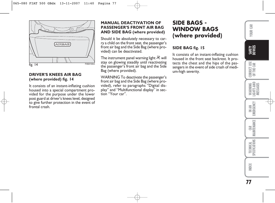 Side bags - window bags (where provided) | FIAT 500 User Manual | Page 78 / 178