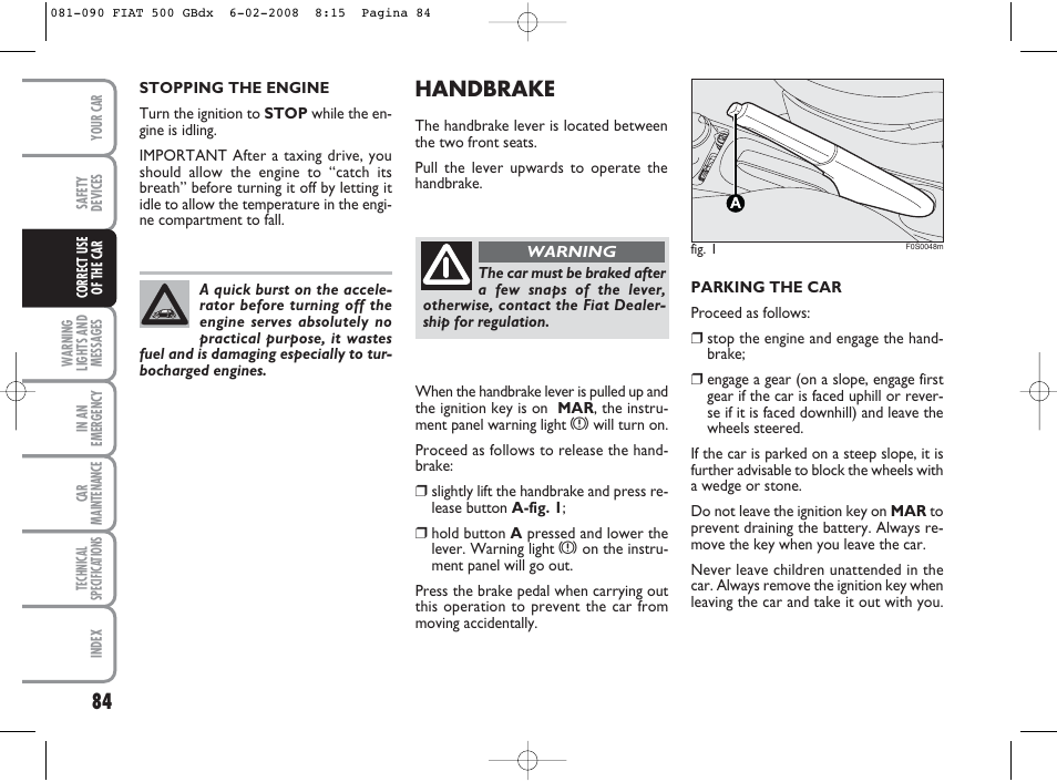 Handbrake | FIAT 500 User Manual | Page 85 / 178