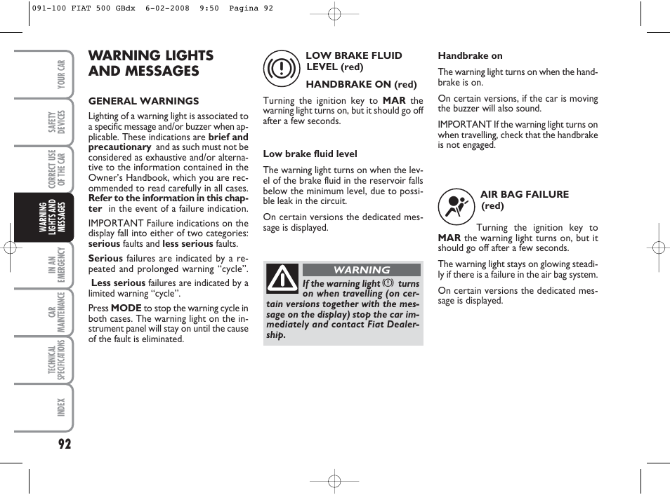 Warning lights and messages | FIAT 500 User Manual | Page 93 / 178