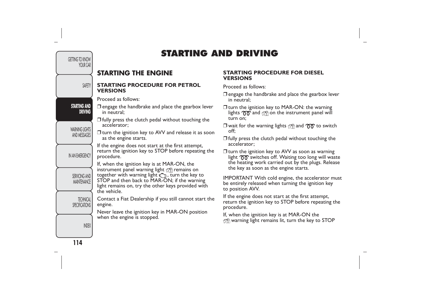 Starting and driving | FIAT Panda User Manual | Page 118 / 268