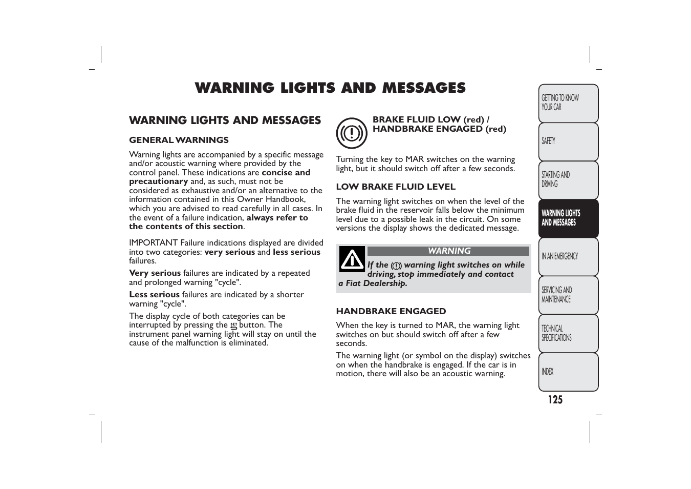 Warning lights and messages | FIAT Panda User Manual | Page 129 / 268