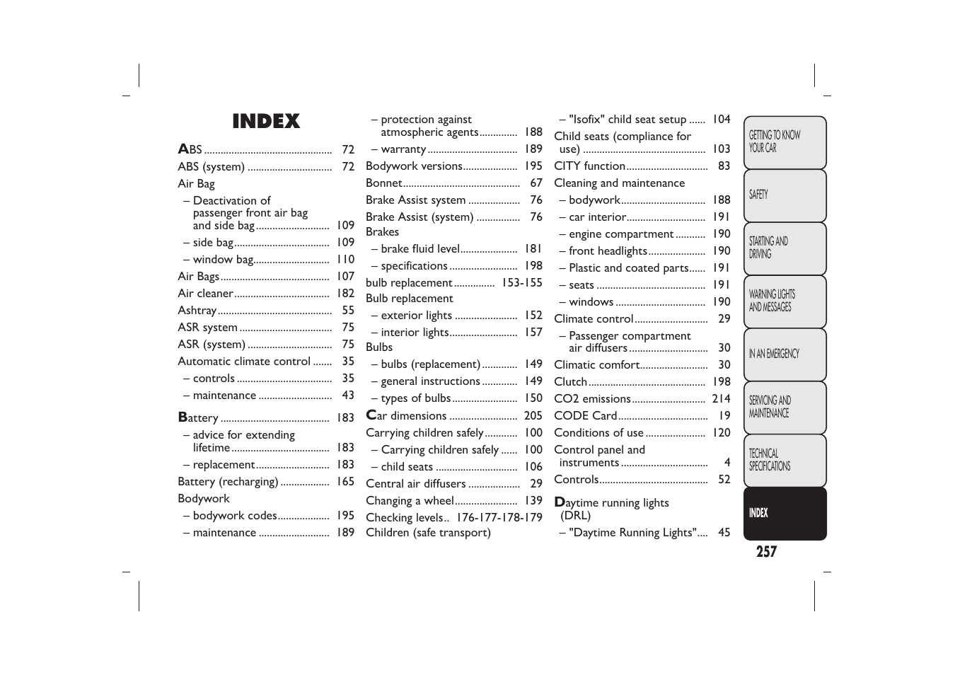 Index | FIAT Panda User Manual | Page 261 / 268