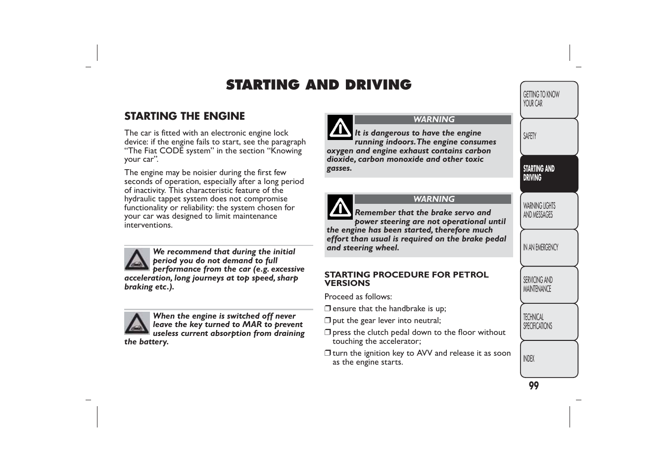 Starting and driving | FIAT 500 User Manual | Page 100 / 218