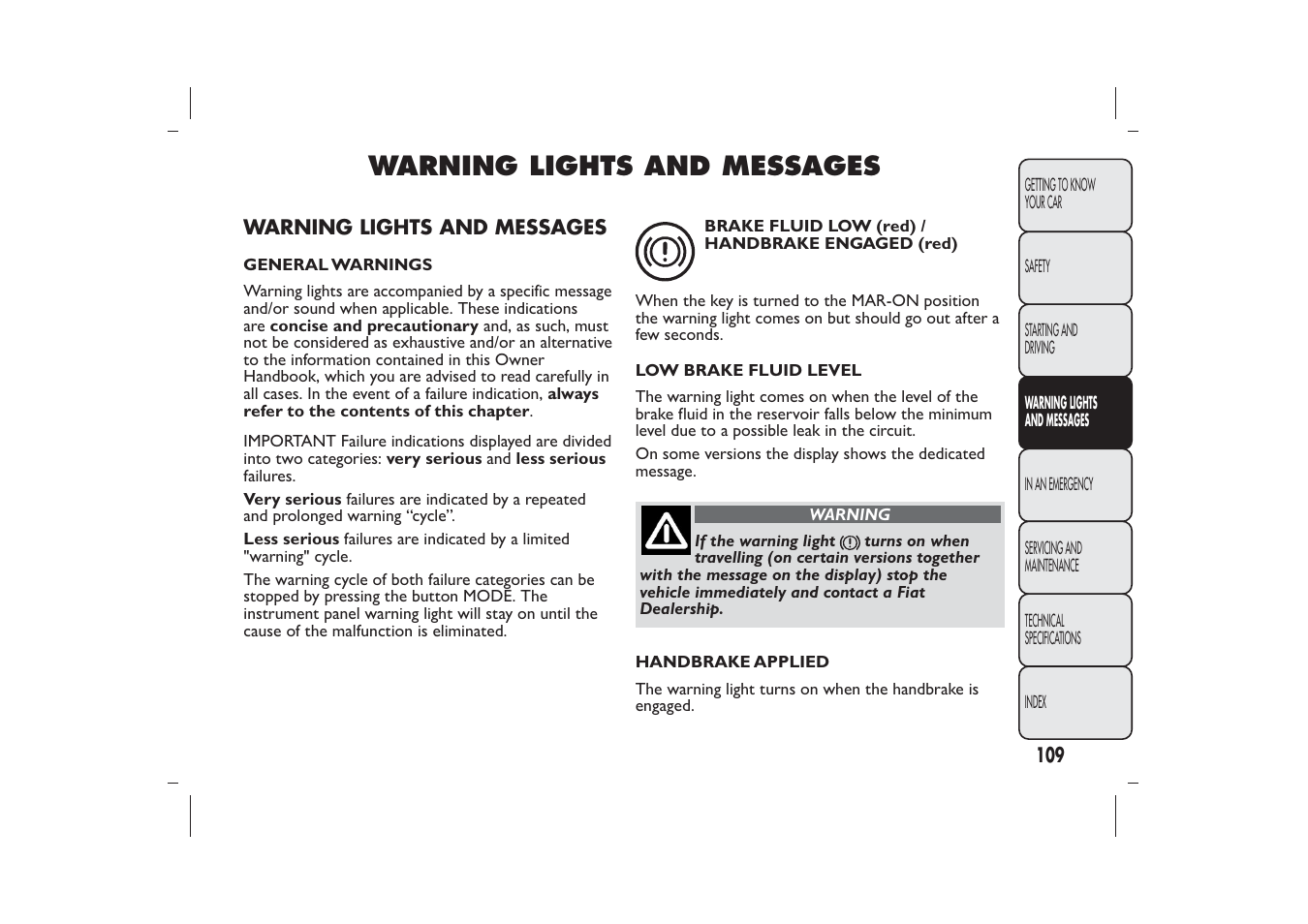 Warning lights and messages | FIAT 500 User Manual | Page 110 / 218