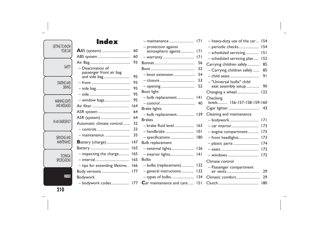 Index | FIAT 500 User Manual | Page 211 / 218