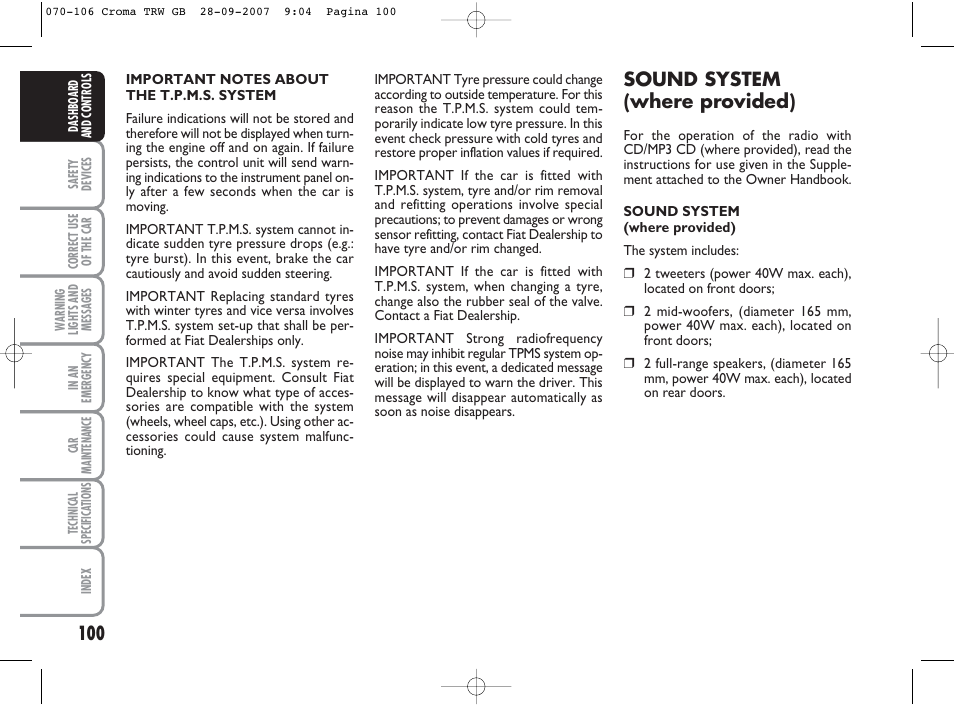 Sound system (where provided) | FIAT Croma User Manual | Page 101 / 258