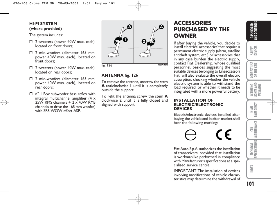 Accessories purchased by the owner | FIAT Croma User Manual | Page 102 / 258