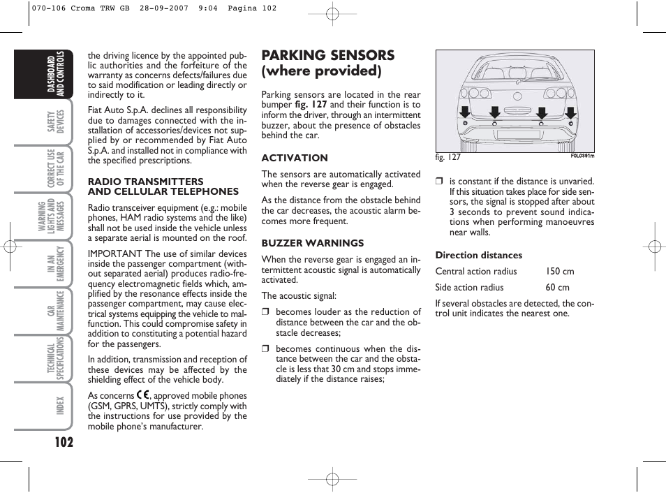 Parking sensors (where provided) | FIAT Croma User Manual | Page 103 / 258