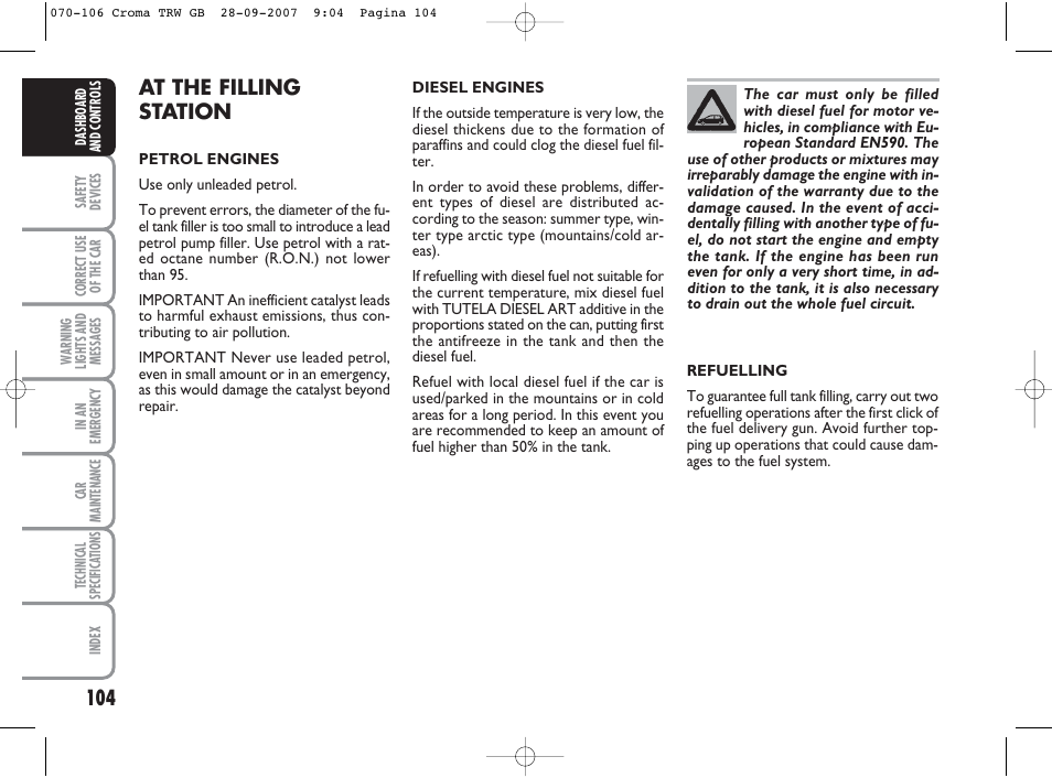 At the filling station | FIAT Croma User Manual | Page 105 / 258