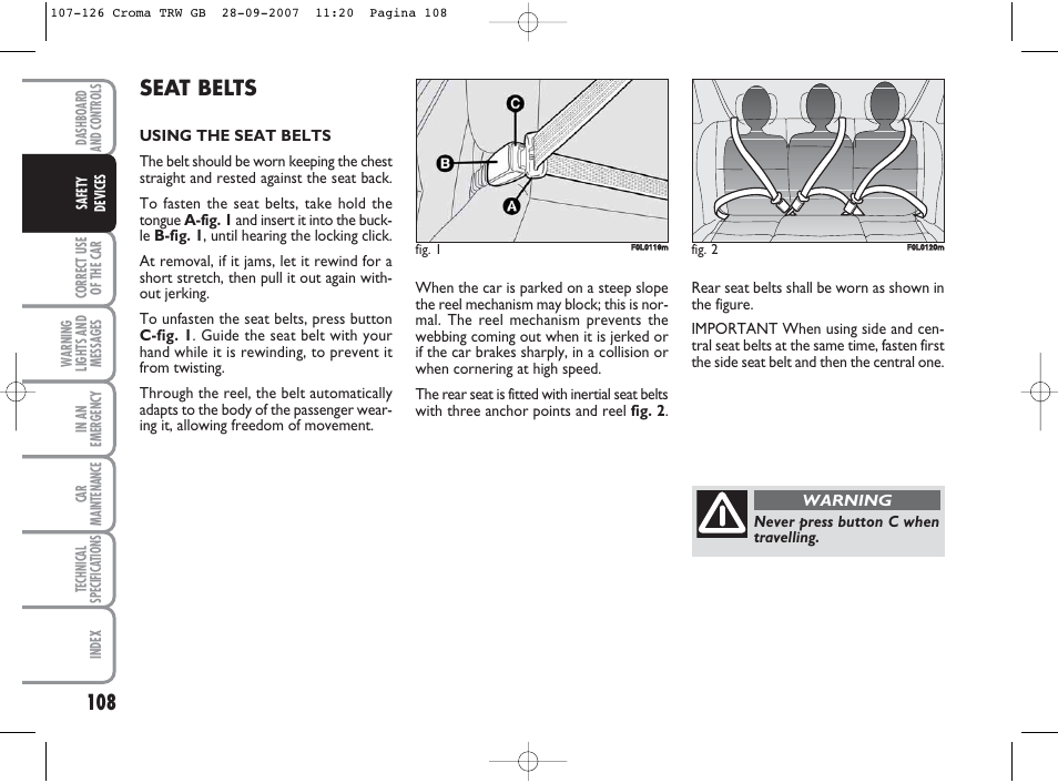 Seat belts | FIAT Croma User Manual | Page 109 / 258