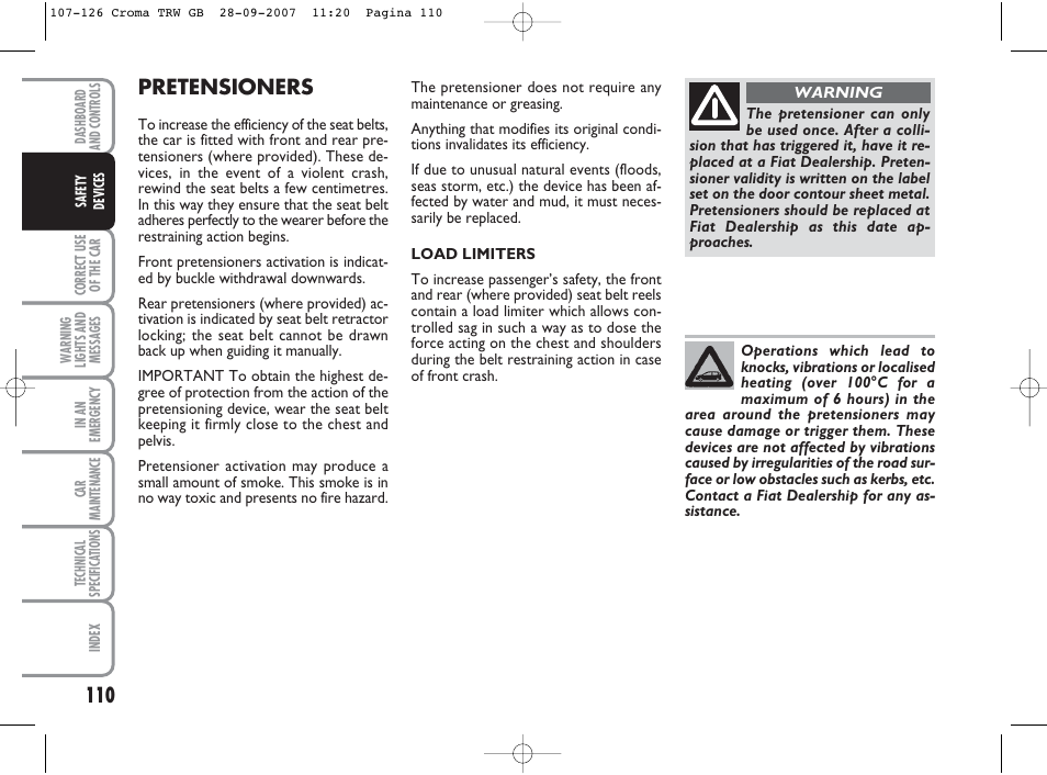 Pretensioners | FIAT Croma User Manual | Page 111 / 258