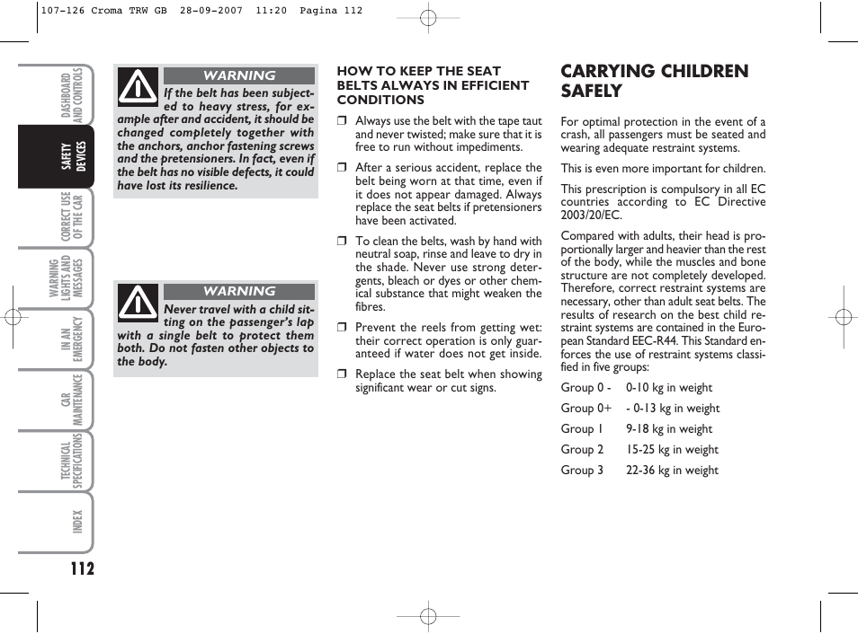 Carrying children safely | FIAT Croma User Manual | Page 113 / 258