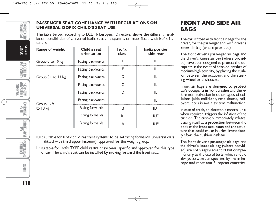 Front and side air bags | FIAT Croma User Manual | Page 119 / 258