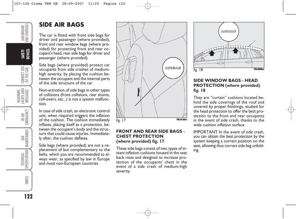 Side air bags | FIAT Croma User Manual | Page 123 / 258