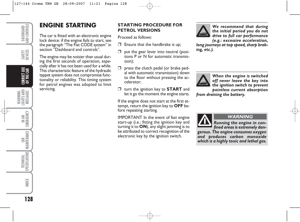 Engine starting | FIAT Croma User Manual | Page 129 / 258