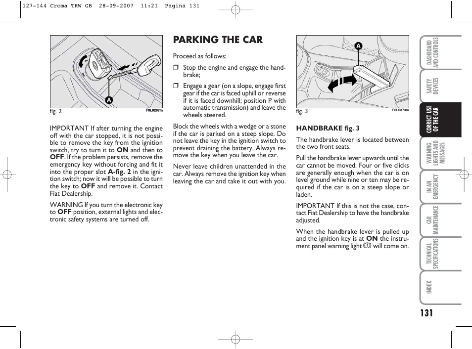 Parking the car | FIAT Croma User Manual | Page 132 / 258