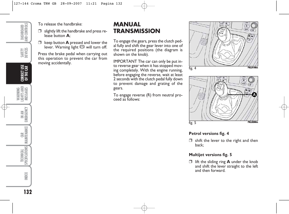 Manual transmission | FIAT Croma User Manual | Page 133 / 258