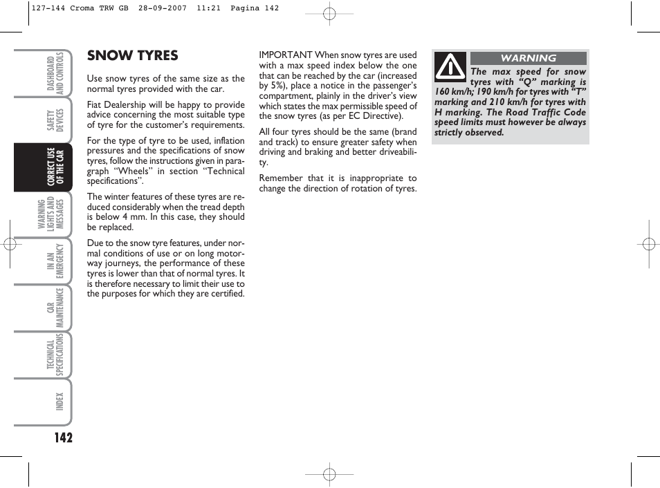 Snow tyres | FIAT Croma User Manual | Page 143 / 258