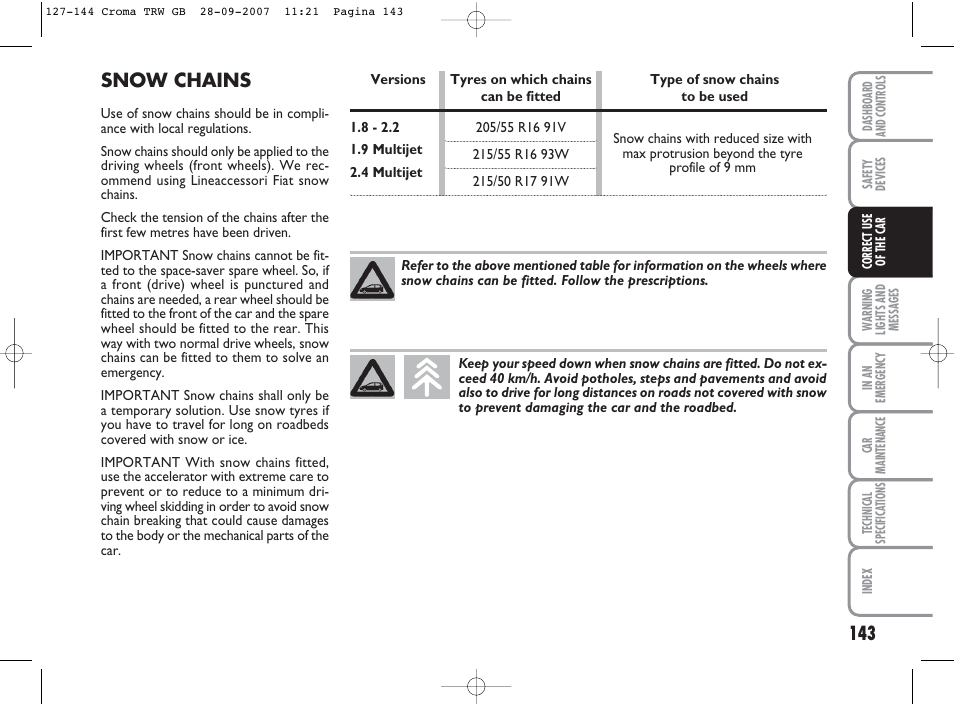 Snow chains | FIAT Croma User Manual | Page 144 / 258