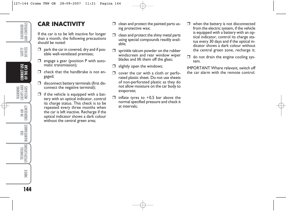 Car inactivity | FIAT Croma User Manual | Page 145 / 258