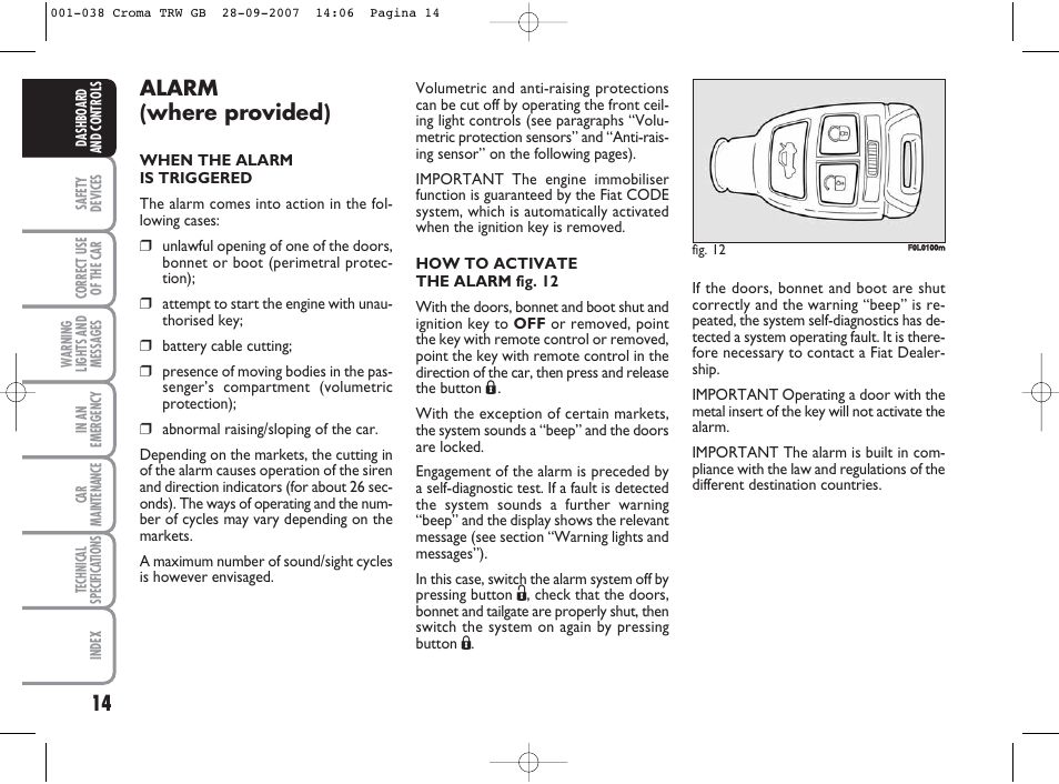 Alarm (where provided) | FIAT Croma User Manual | Page 15 / 258