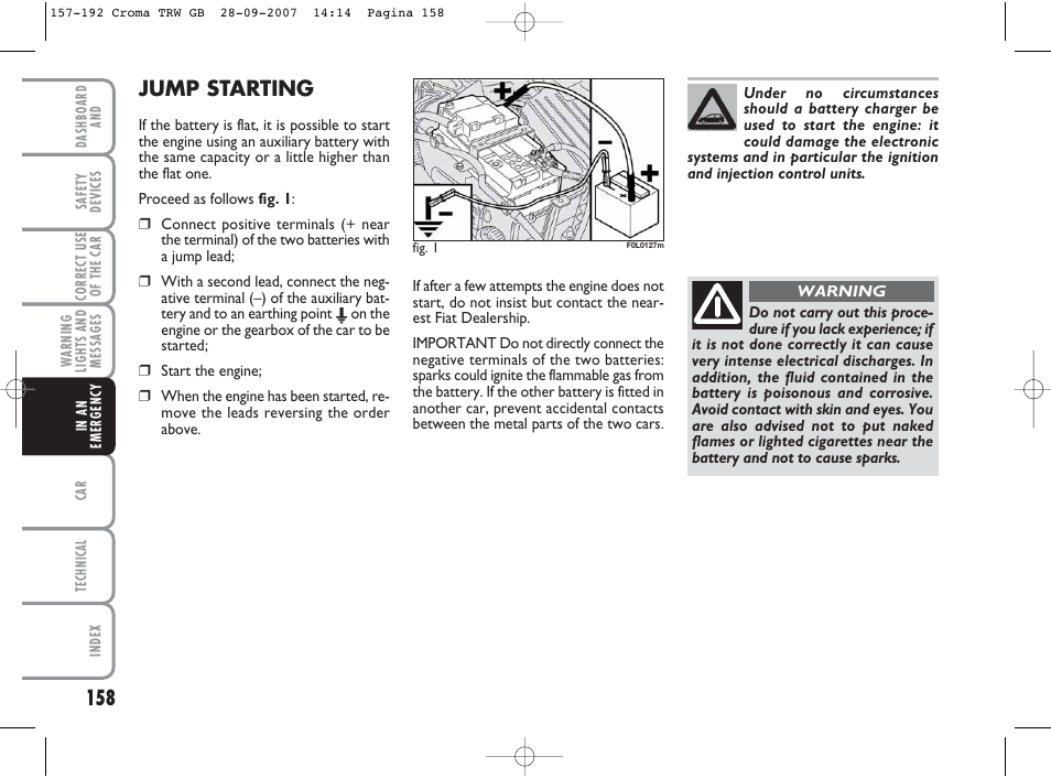 Jump starting | FIAT Croma User Manual | Page 159 / 258