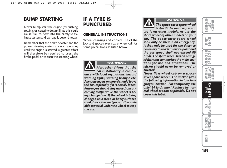 If a tyre is punctured, Bump starting | FIAT Croma User Manual | Page 160 / 258