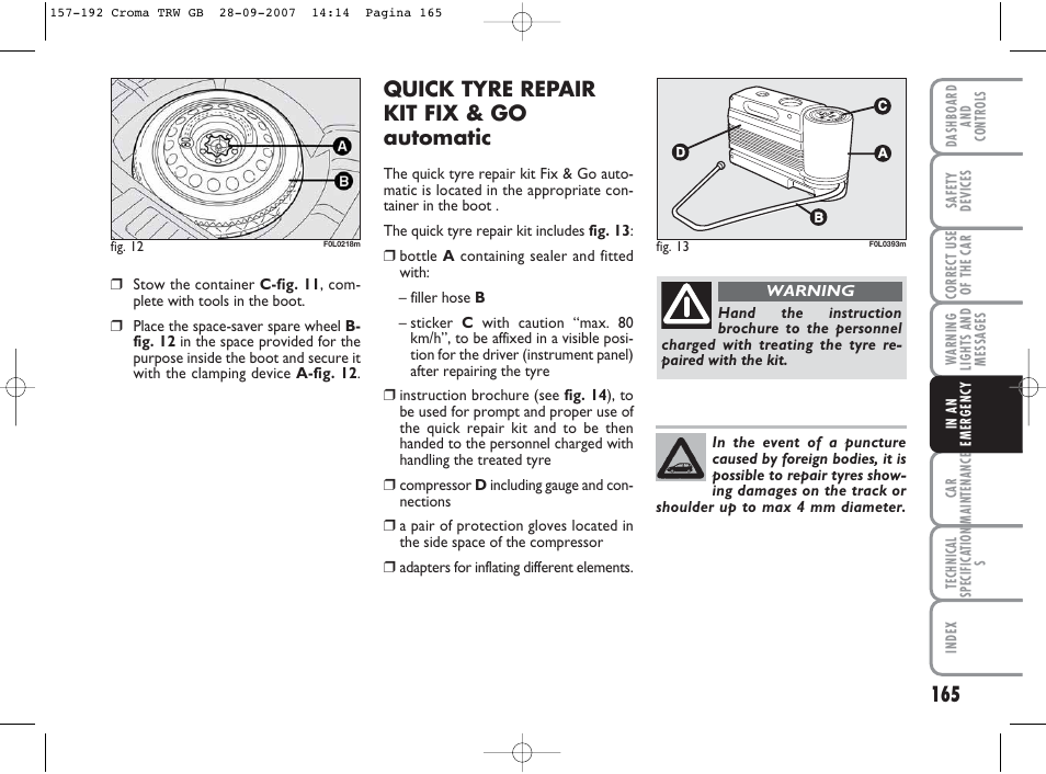 Quick tyre repair kit fix & go automatic | FIAT Croma User Manual | Page 166 / 258