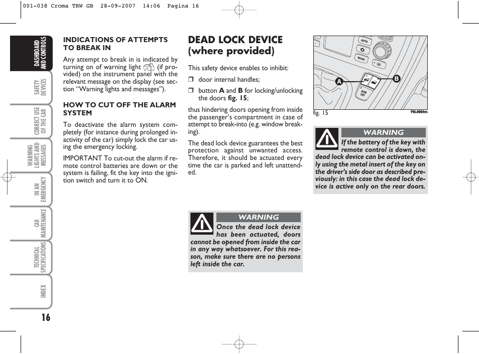 Dead lock device (where provided) | FIAT Croma User Manual | Page 17 / 258