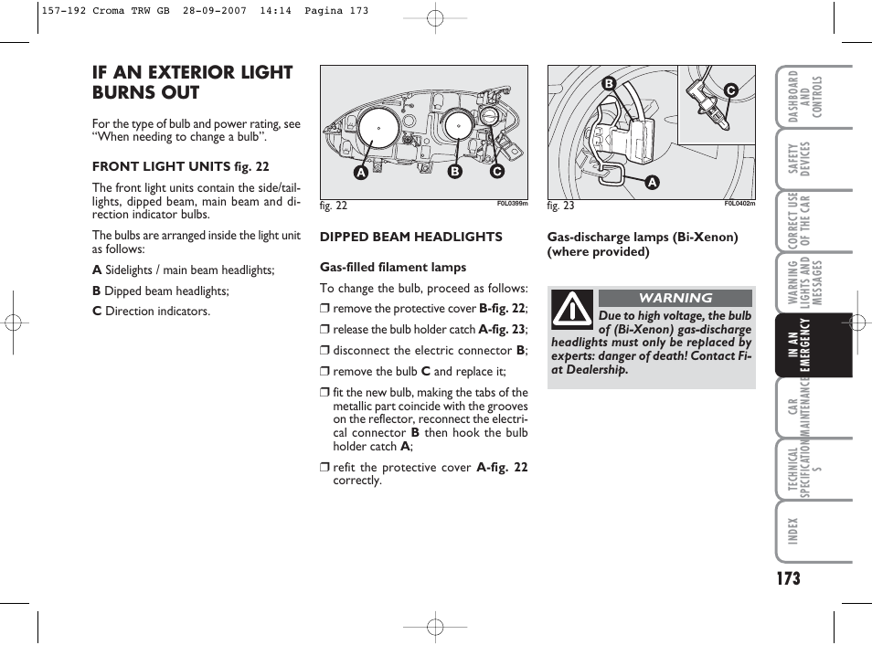 If an exterior light burns out | FIAT Croma User Manual | Page 174 / 258