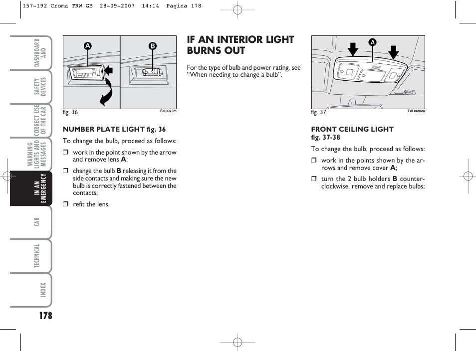 If an interior light burns out | FIAT Croma User Manual | Page 179 / 258