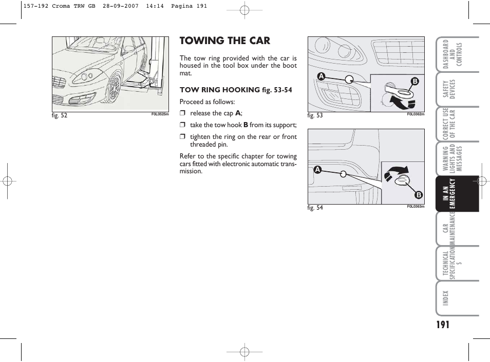 Towing the car | FIAT Croma User Manual | Page 192 / 258