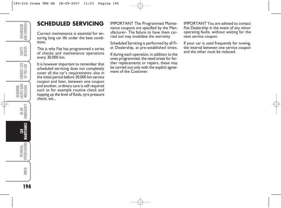 Scheduled servicing | FIAT Croma User Manual | Page 195 / 258