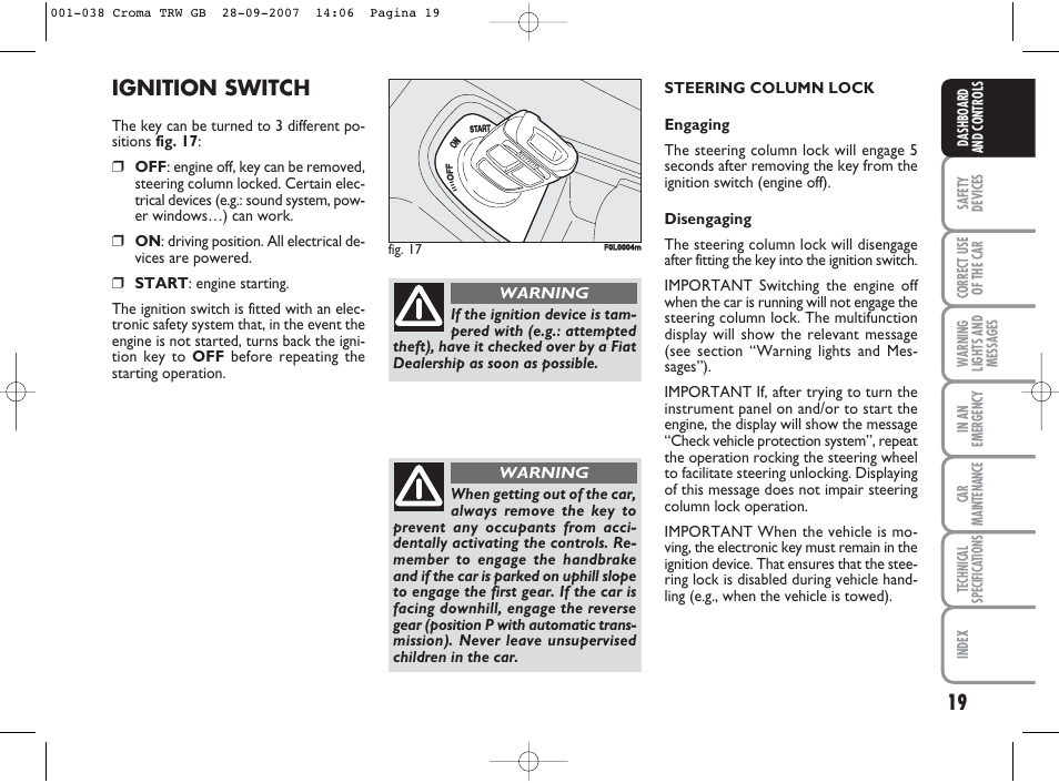 Ignition switch | FIAT Croma User Manual | Page 20 / 258