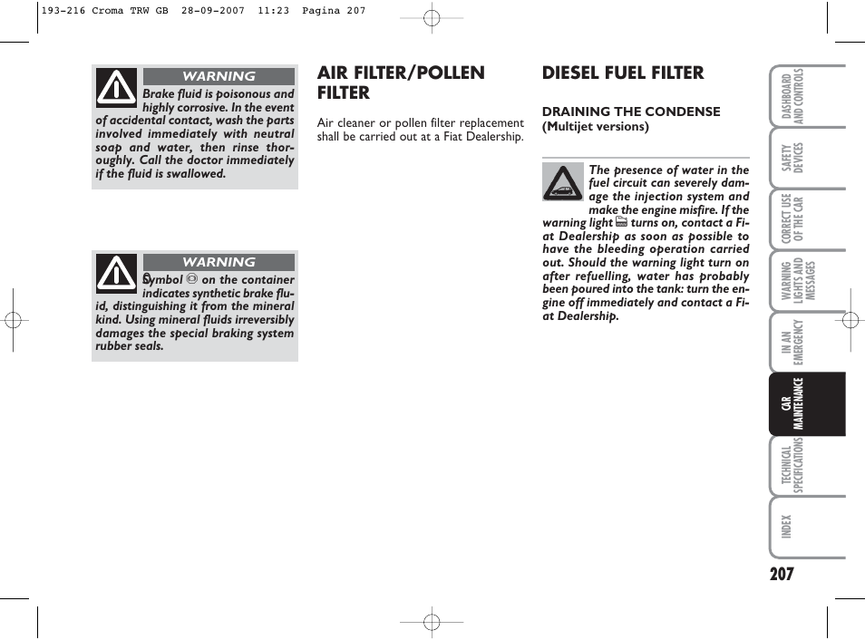 Diesel fuel filter, Air filter/pollen filter | FIAT Croma User Manual | Page 208 / 258