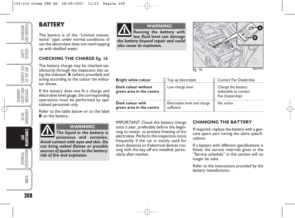 Battery | FIAT Croma User Manual | Page 209 / 258