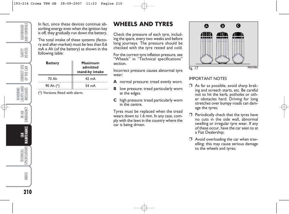 Wheels and tyres | FIAT Croma User Manual | Page 211 / 258