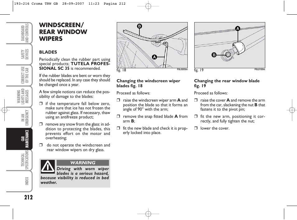 Windscreen/ rear window wipers | FIAT Croma User Manual | Page 213 / 258