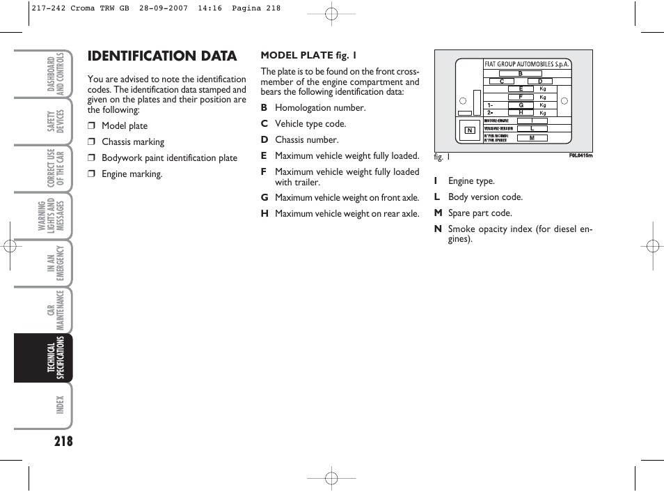 Identification data | FIAT Croma User Manual | Page 219 / 258