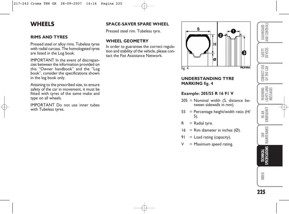 Wheels | FIAT Croma User Manual | Page 226 / 258