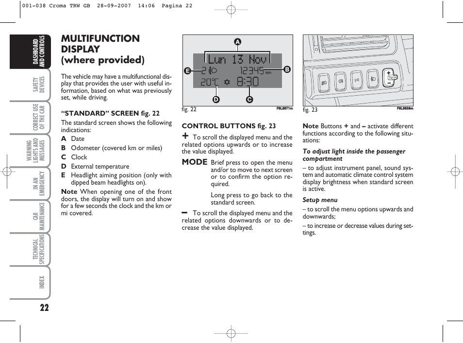 Multifunction display (where provided) | FIAT Croma User Manual | Page 23 / 258