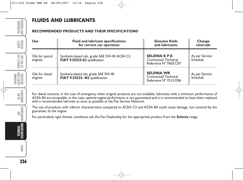 Fluids and lubricants | FIAT Croma User Manual | Page 237 / 258