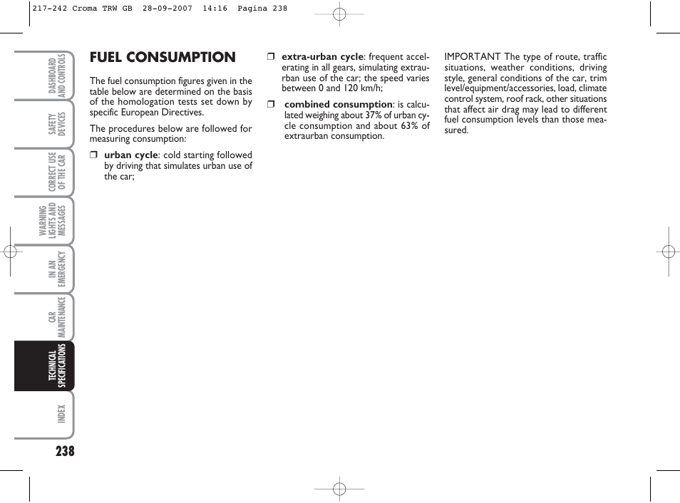 Fuel consumption | FIAT Croma User Manual | Page 239 / 258