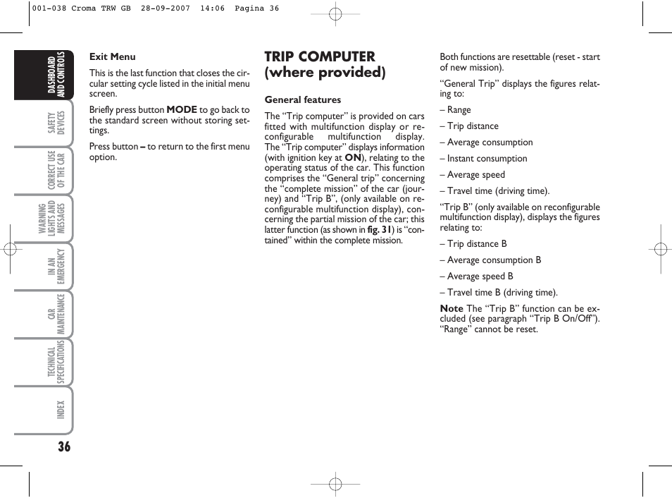 Trip computer (where provided) | FIAT Croma User Manual | Page 37 / 258